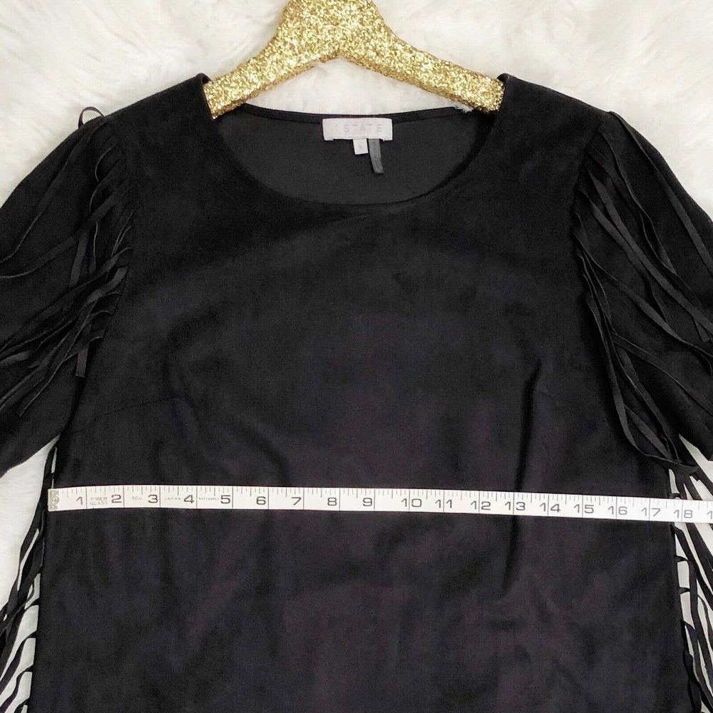 1. State Dress Fringe Black Faux Suede Shift Southwestern Boho Mini - Picture 3 of 8